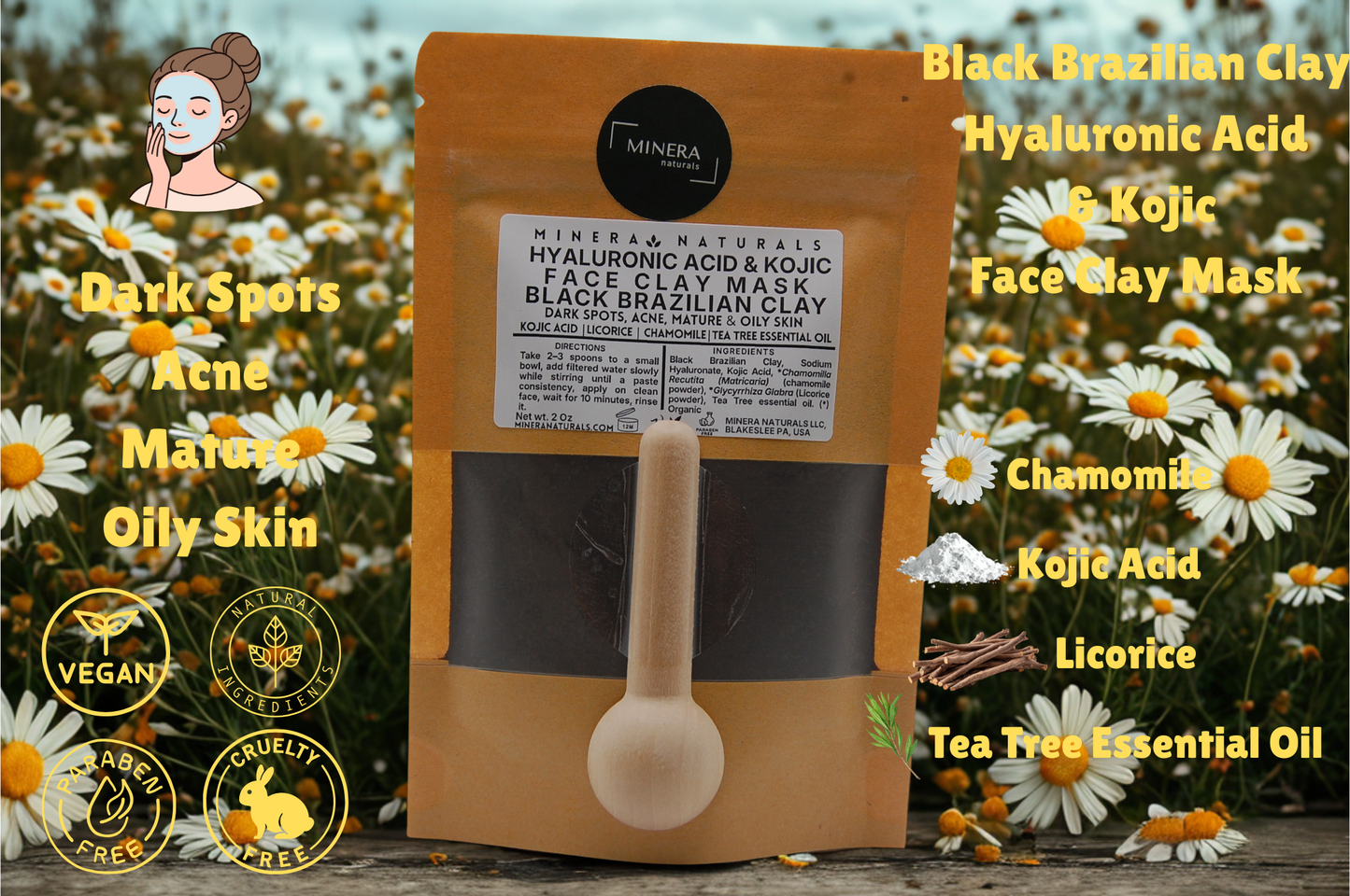 Hyaluronic Acid Face Clay Mask - Black Brazilian Clay & Kojic